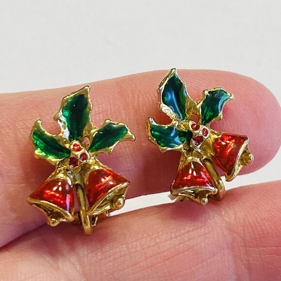 Christmas Clip On Earrings Holly & Bells Festive Holiday Goldtone Green & Red - Picture 3 of 6